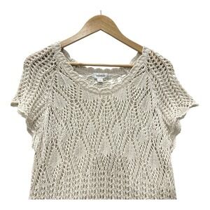 Ivory Crochet Tunic Womens 2X Open Knit Cap Sleeve Festival Boho *Runs Small M/L